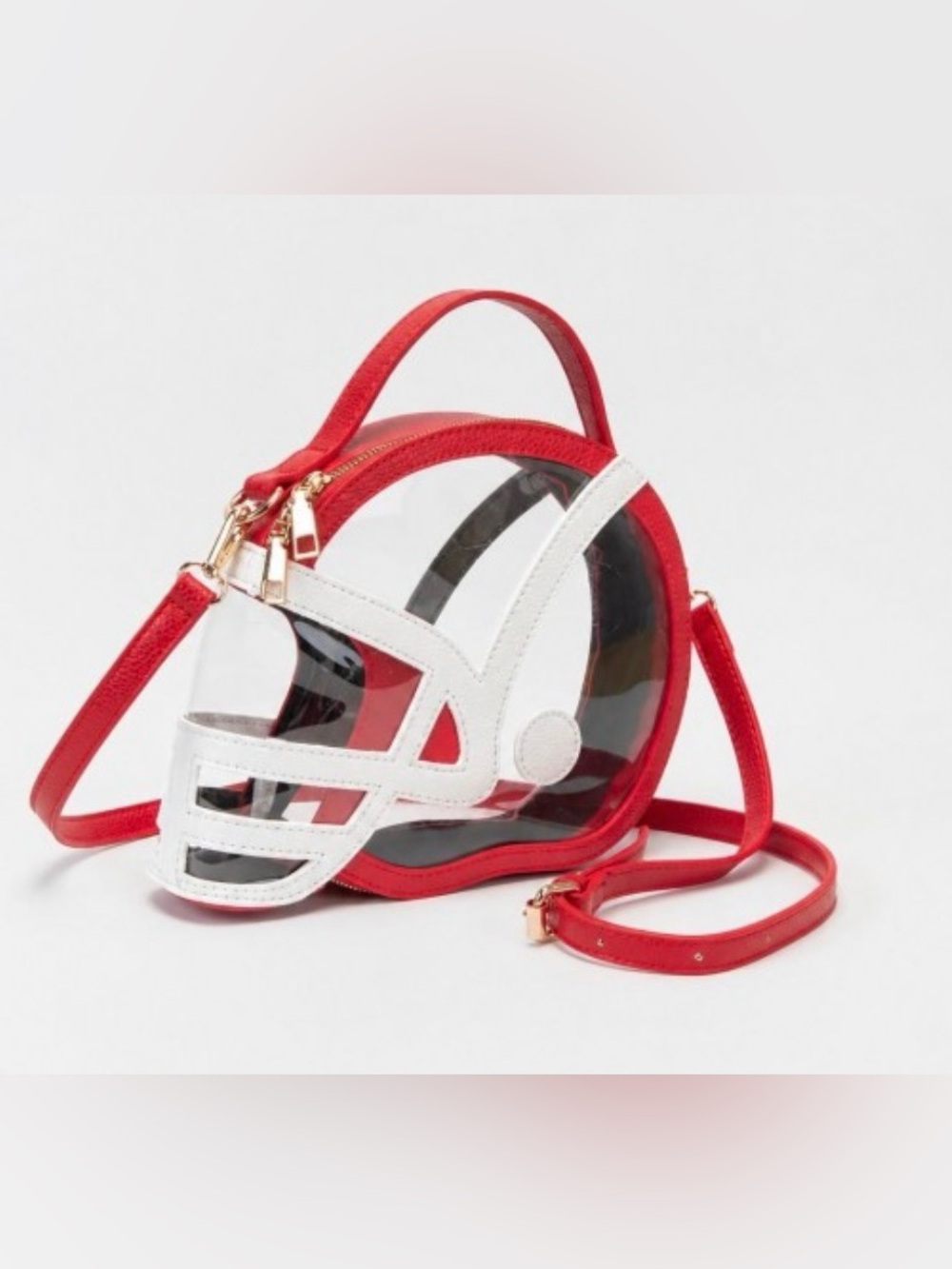 Clear Red and White Football Helmet Tote Bag w/ Vegan Leather Trim